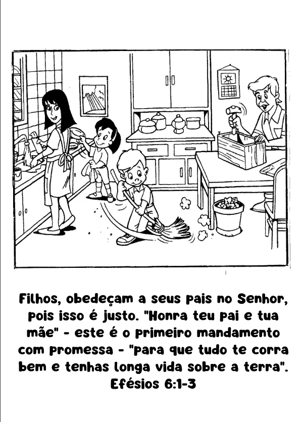 Atividade sobre honrar os pais: família colaborando nas tarefas de casa.