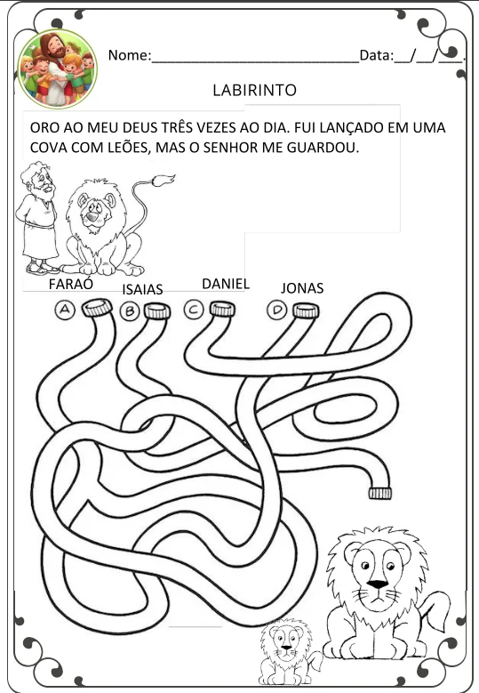 Labirinto bíblico para identificar Daniel e encontrar o caminho até os leões.