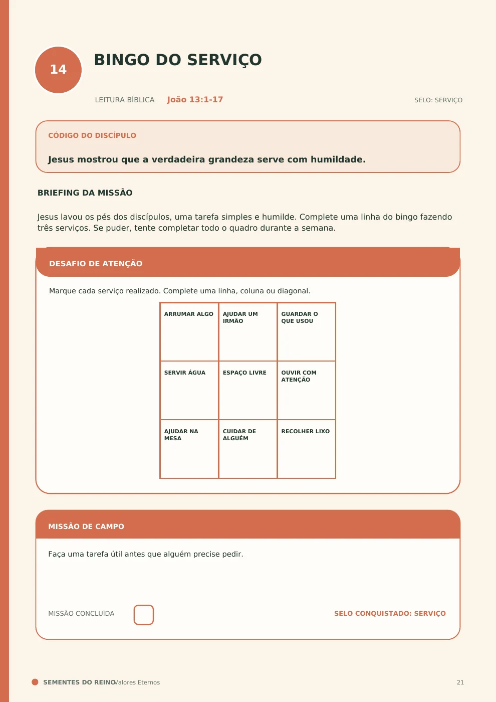Página real: Bingo do Serviço: pequenas ações de cuidado.